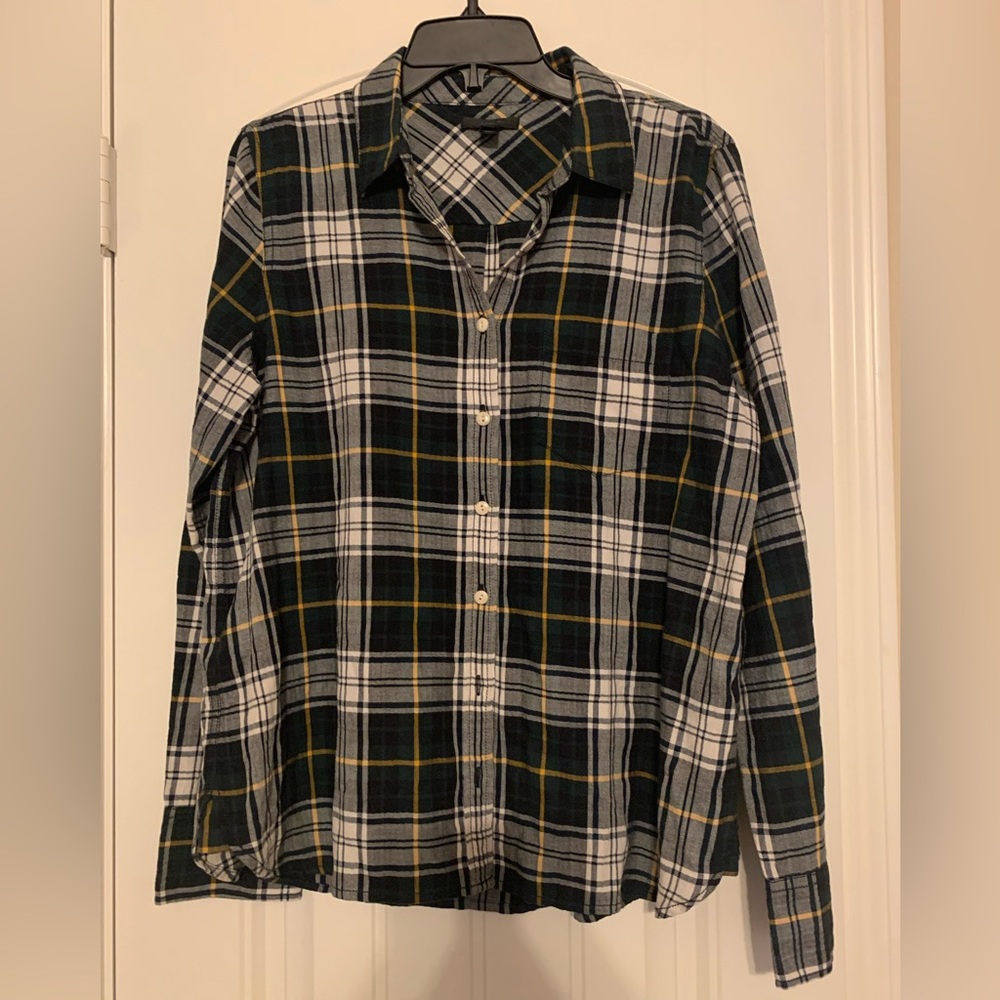 J. Crew Navy/Hunter Green Stewart Plaid Perfect Button Down Flannel Shirt  l 10